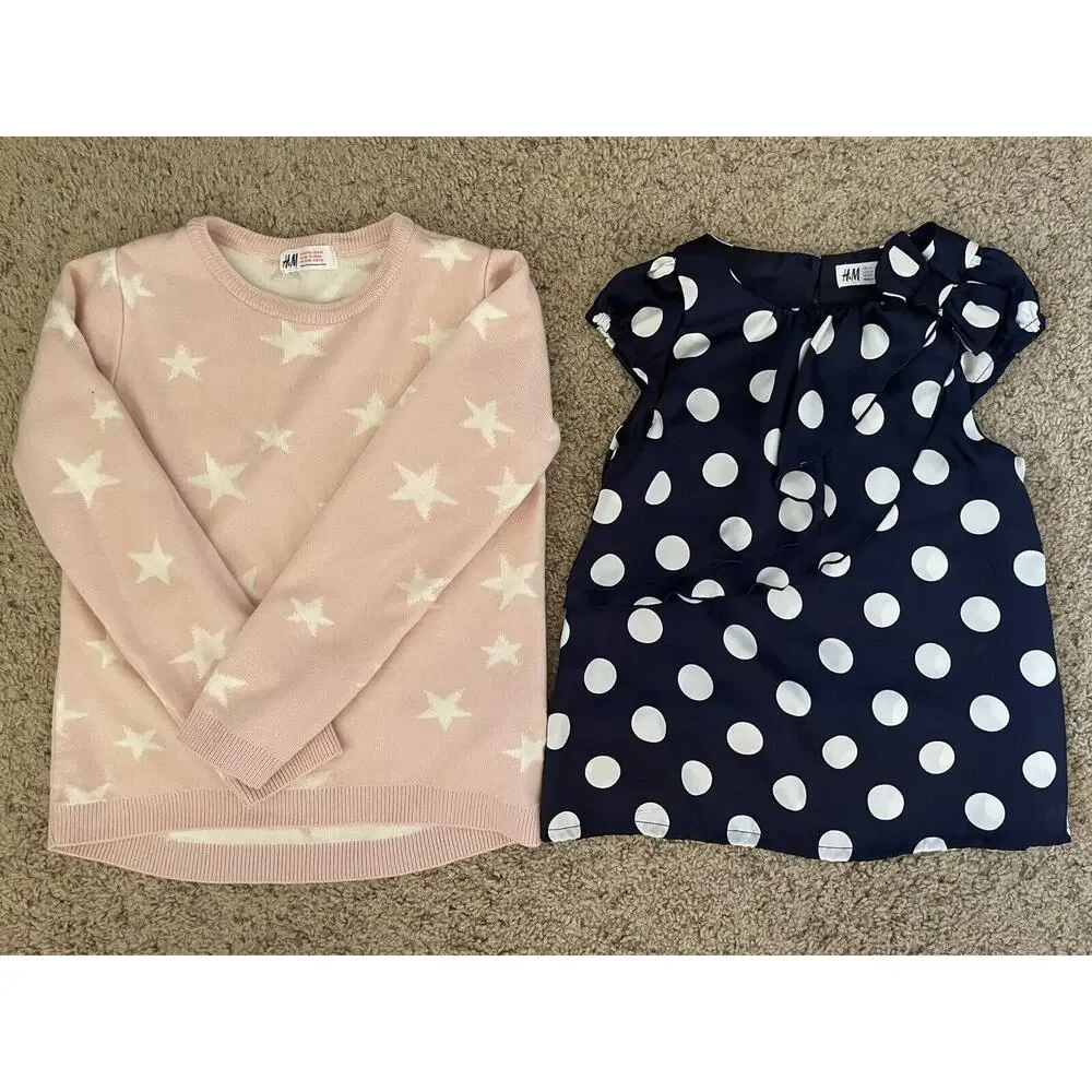 Lot Of 2 H&M Pink Star Sweater Polka Dot Cap Sleeve Blouse Top Size 6-7 6-8